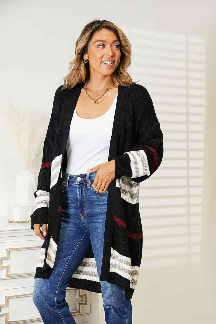 Double Take Striped Rib-Knit Drop Shoulder Open Front Cardigan - The Teal Antler Boutique