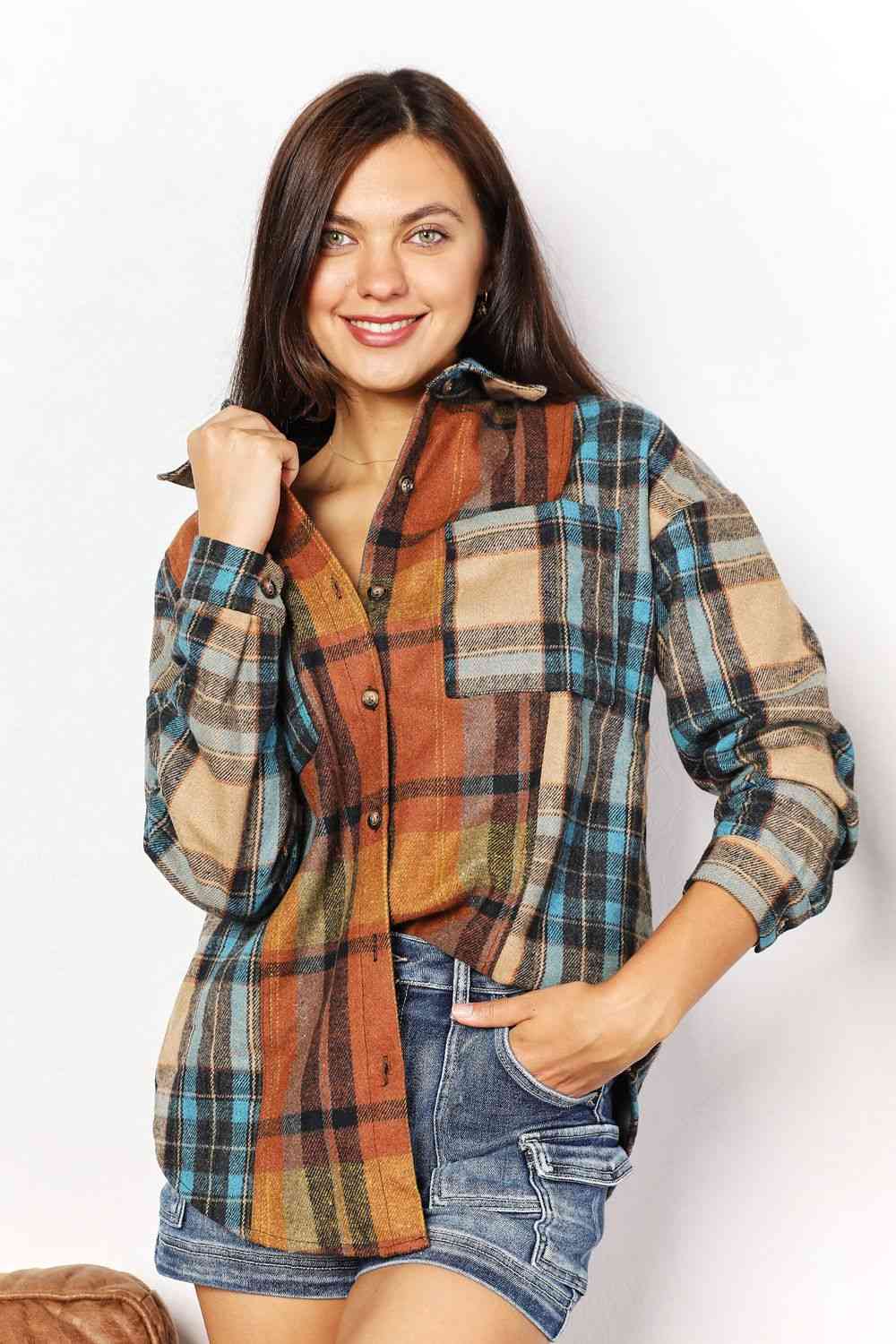 Double Take Plaid Curved Hem Shirt Jacket with Breast Pockets - The Teal Antler Boutique