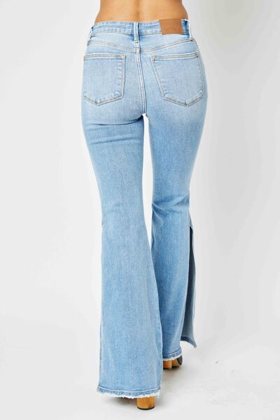 Judy Blue Full Size Mid Rise Raw Hem Slit Flare Jeans - The Teal Antler Boutique