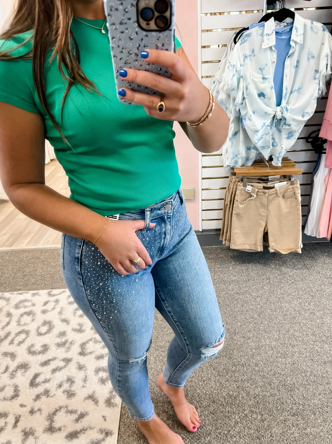 Rhinestone Destroyed Slim Cut Jeans - The Teal Antler Boutique