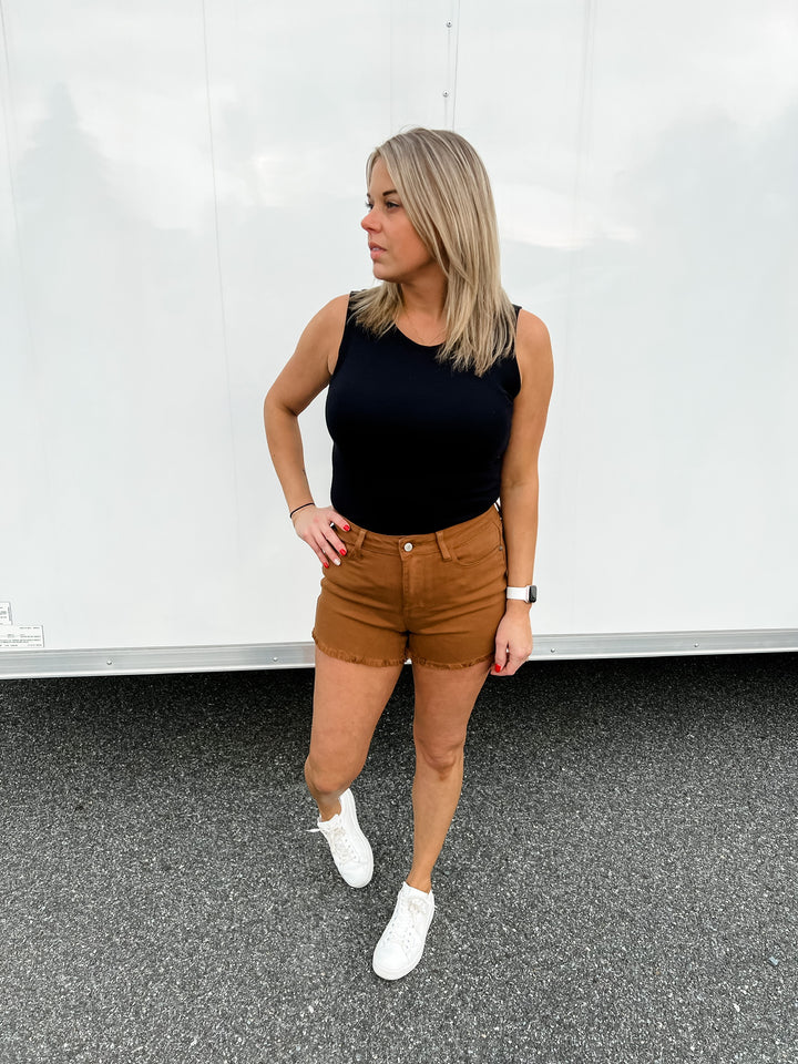 Brown Mid-Rise Cutoff Shorts - The Teal Antler Boutique